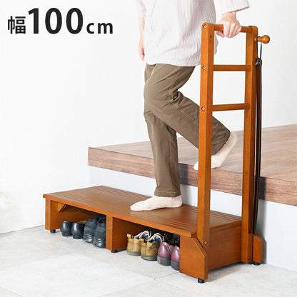 耐荷重100kg 手すり付き玄関踏み台 片側手すり 幅100cm 天然木 踏み台 頑丈 踏み台 ステップ 玄関 台 玄関踏み台 玄関ステップ 段差 昇降 玄関収納 つかまり 手すり(代引不可)