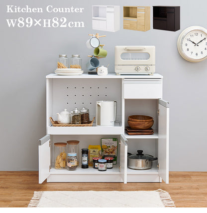 キッチンカウンター 幅89 2口コンセント スライド棚 引出し 扉収納 キッチン収納 キャビネット 食器棚 レンジ台 レンジボード キッチンボード おしゃれ(代引不可)