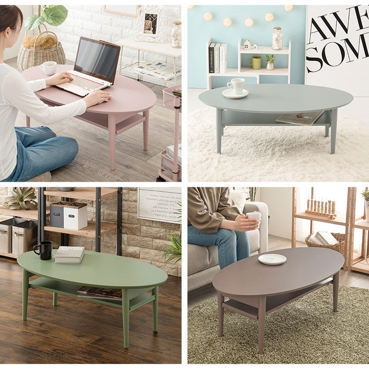 折りたたみ 棚付きテーブル 90×50 楕円形 くすみカラー 折りたたみテーブル 完成品 折れ脚テーブル ローテーブル センターテーブル 机 折り畳み 円形 丸 オーバル 可愛い かわいい おしゃれ(代引不可)