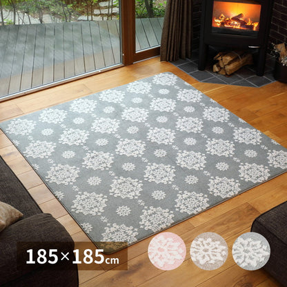 ラグ シュシュ 185×185cm 2畳 厚手ラグ ホットカーペットカバー こたつ敷き 雪の結晶 ダマスク柄 姫系 かわいい 北欧 あったか 秋冬用 ピンク(代引不可)