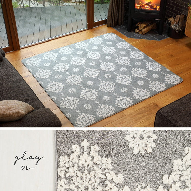 ラグ シュシュ 185×185cm 2畳 厚手ラグ ホットカーペットカバー こたつ敷き 雪の結晶 ダマスク柄 姫系 かわいい 北欧 あったか 秋冬用 ピンク(代引不可)