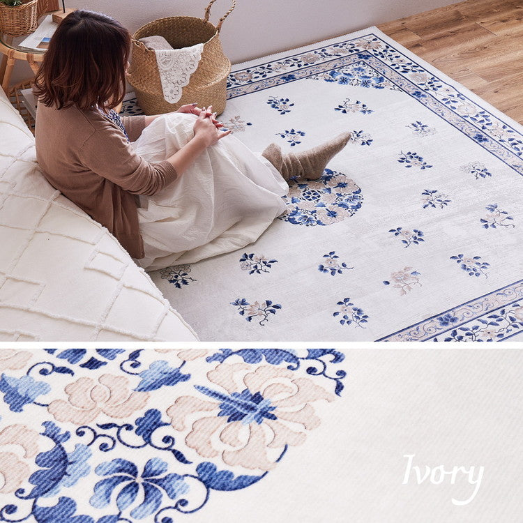 洗える 花柄フランネルラグ ミュゲ 約130×190cm 手洗いOK 滑り止め付き フェミニン シノワズリ 転写 韓国インテリアかわいい 可愛い おしゃれ(代引不可)