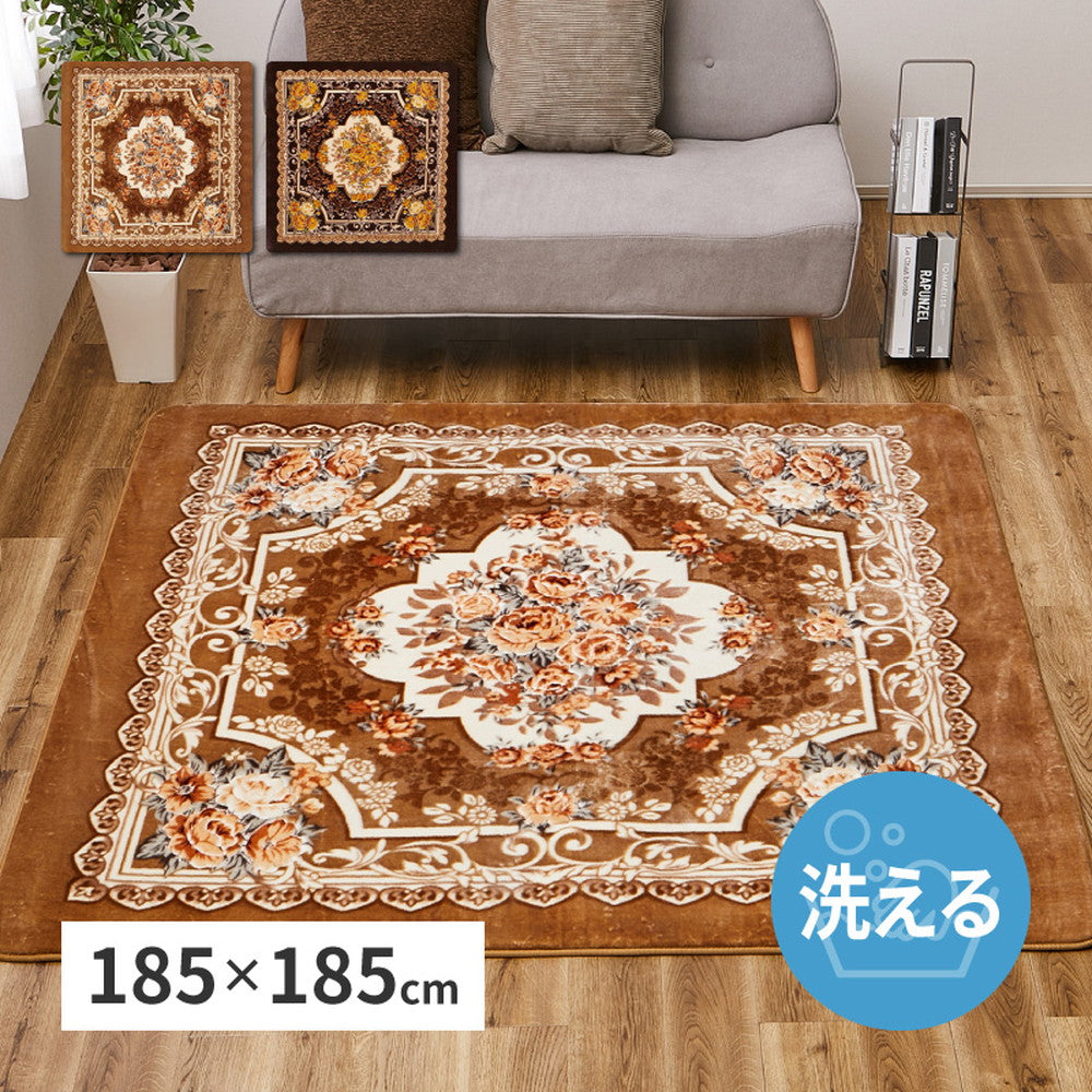 花柄 フランネルラグ 185×185cm エレガント ホットカーペットカバー 床暖房対応 ラグ ラグマット カーペット 絨毯 オールシーズン(代引不可)