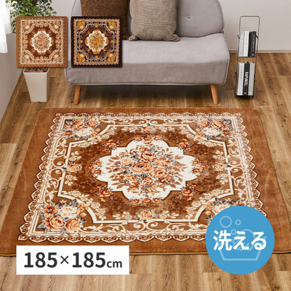 花柄 フランネルラグ 185×185cm エレガント ホットカーペットカバー 床暖房対応 ラグ ラグマット カーペット 絨毯 オールシーズン(代引不可)