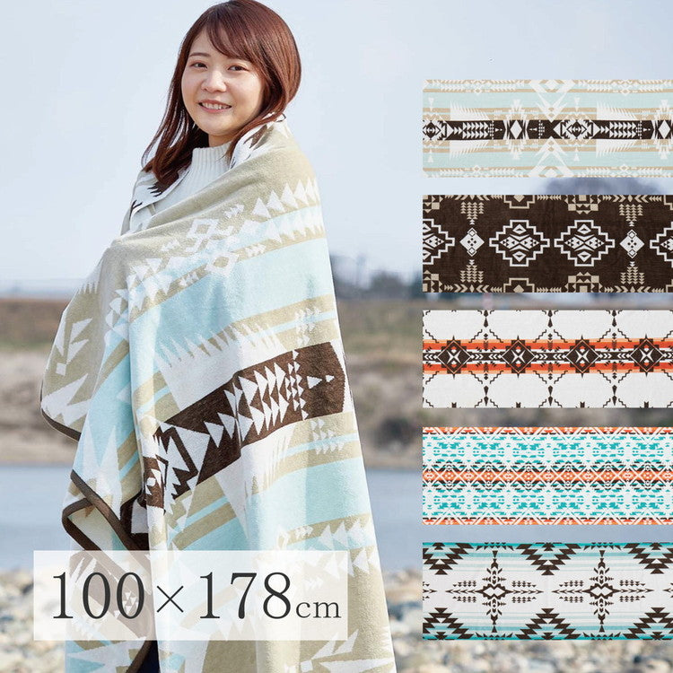 綿100% タオルブランケット 100×178cm アウトドア ビーチタオル 多機能 ブランケット ネイティブ柄 タオルケット エスニック 大判 厚手 キャンプ おしゃれ ひざ掛け マルチカバー(代引不可)