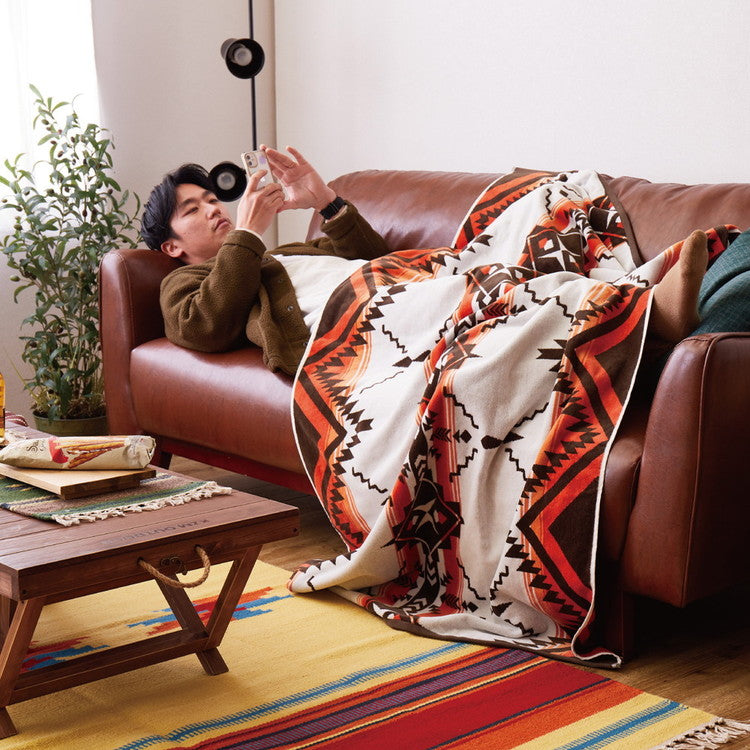 綿100% タオルブランケット 100×178cm アウトドア ビーチタオル 多機能 ブランケット ネイティブ柄 タオルケット エスニック 大判 厚手 キャンプ おしゃれ ひざ掛け マルチカバー(代引不可)