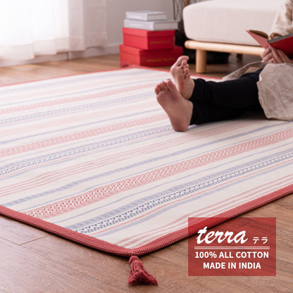 洗濯機で洗える インド綿100%ラグ 約90×185cm 約1畳 テラ フサ付き すべり止め付き コットンラグ キリム柄 オールシーズン ウォッシャブルラグ(代引不可)