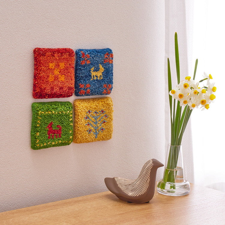 手織りのギャッベ コースター 10×10cm ギャベ ウール 手織り 壁飾り インド製 おしゃれ(代引不可)