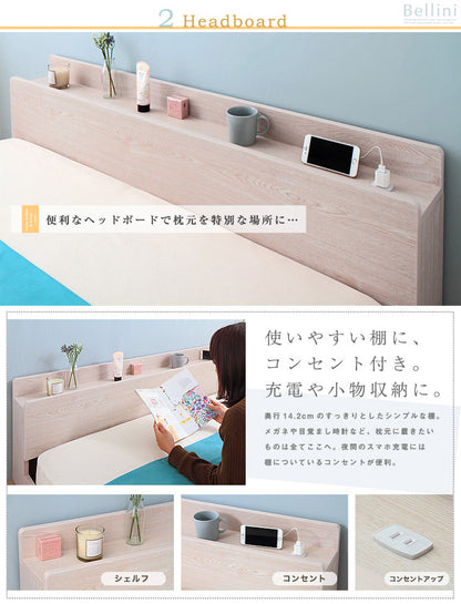 ベッド セミダブル マットレス付き フロアベッド ローベッド 棚 コンセント Bellini ベリーニ 圧縮ロールボンネルマットレス付き(代引不可)