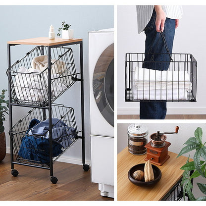 持ち運べるバスケット2段ストッカー ランドリーバスケット ワイヤー 2段 洗濯かご 洗濯物入れ 分別 スリム ランドリーラック 棚付き 縦型(代引不可)