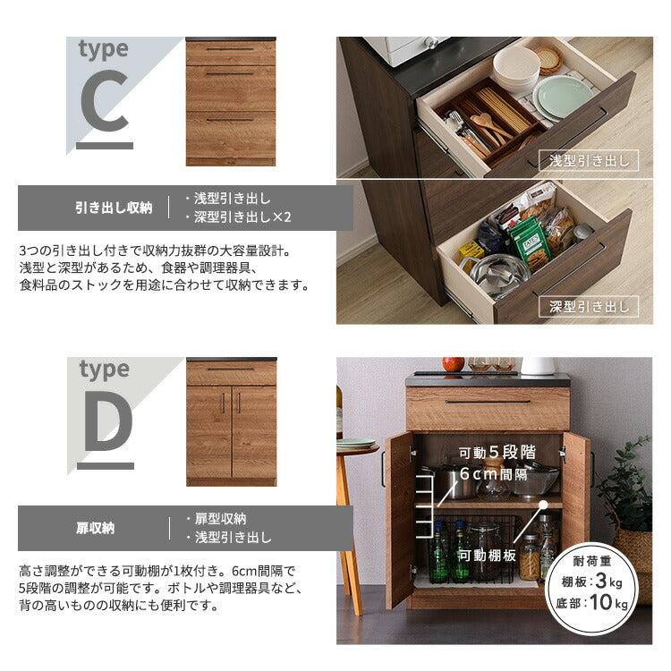 日本製 特殊鋼板を使った組み合わせキッチンカウンター 180cm 引き出し収納+引き出し収納+扉収納 キッチンカウンター キッチン収納 木目 スチール 収納棚 キッチン リビング(代引不可)