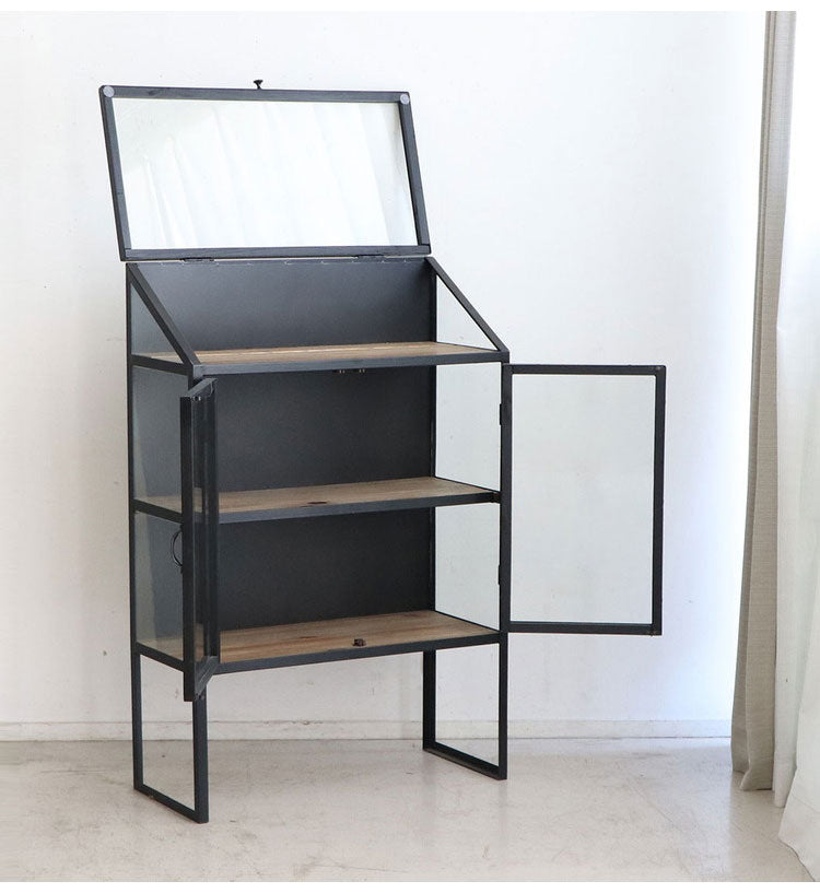 アンティーク調 ディスプレイラック ガラス扉 キャビネット 幅80cm  扉付き スチール脚 おしゃれ 北欧 コレクションケース(代引不可)