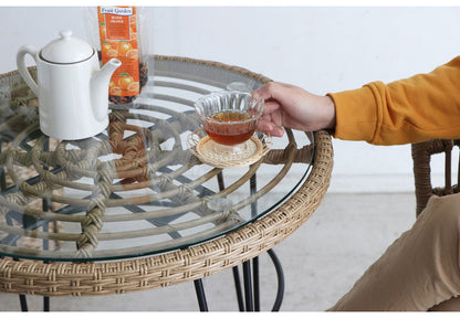 ラタン調 ガラス天板 カフェテーブル 幅59.5 スチール脚 PEラタン サイドテーブル ガラステーブル 北欧 おしゃれ(代引不可)