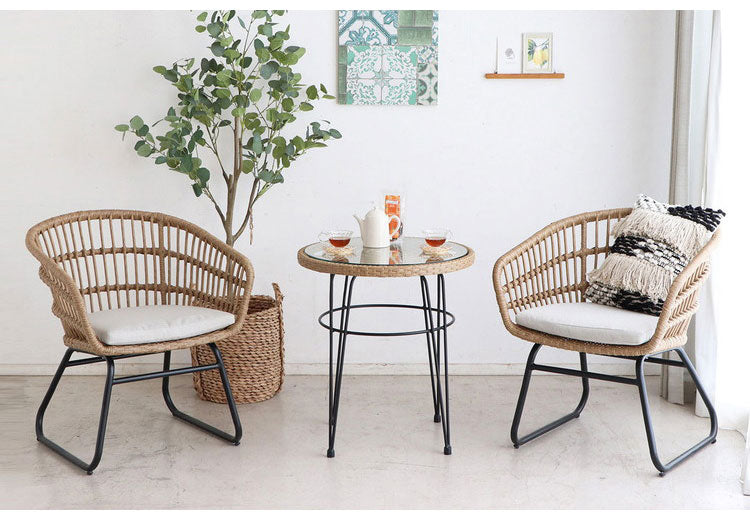 ラタン調 ガラス天板 カフェテーブル 幅59.5 スチール脚 PEラタン サイドテーブル ガラステーブル 北欧 おしゃれ(代引不可)