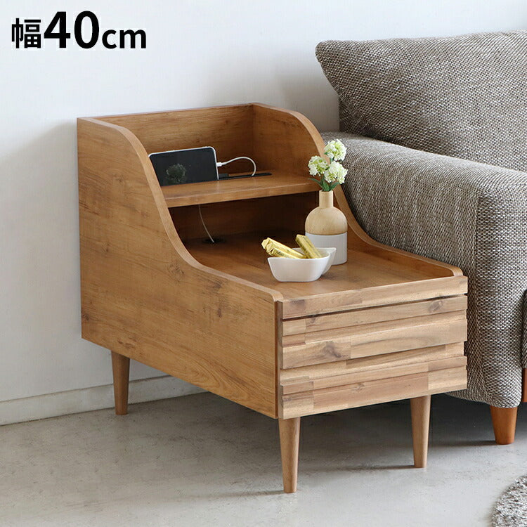 アルグ サイドテーブル 国産 幅40.2cm ナイトテーブル 引き出し収納 タブレットフォルダー コード穴 タブレット置き おしゃれ かわいい ミニテーブル ベッド 寝室(代引不可)