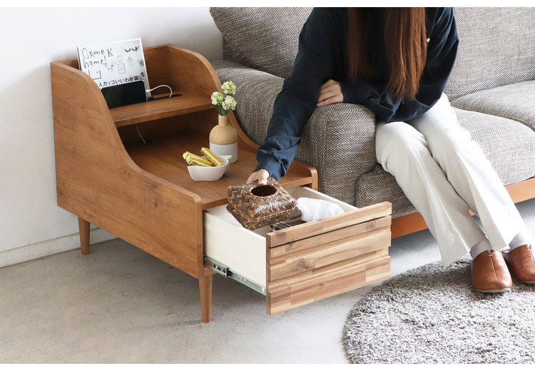 アルグ サイドテーブル 国産 幅40.2cm ナイトテーブル 引き出し収納 タブレットフォルダー コード穴 タブレット置き おしゃれ かわいい ミニテーブル ベッド 寝室(代引不可)