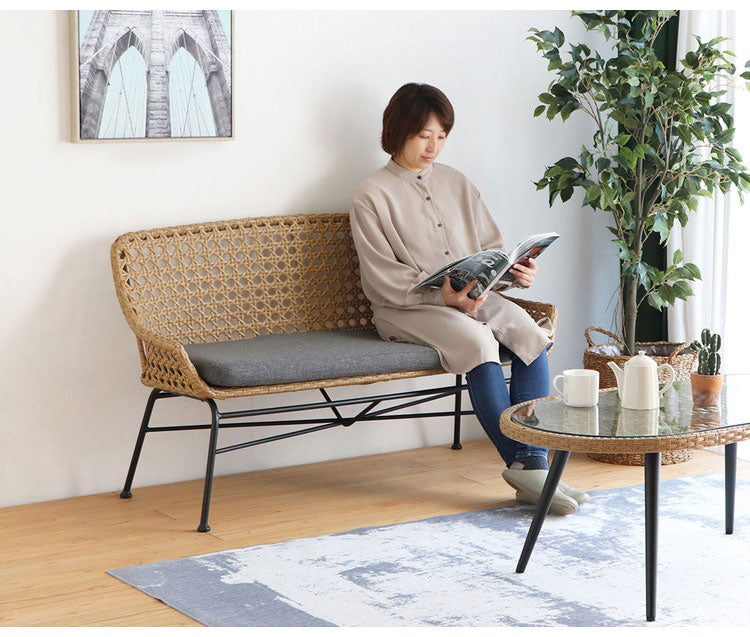 ラタン調 ベンチソファ 2P スチール脚 二人掛けソファ コンパクトソファ 2Pソファ 2人掛け 2人用 ラタンチェア 北欧 シンプル おしゃれ(代引不可)