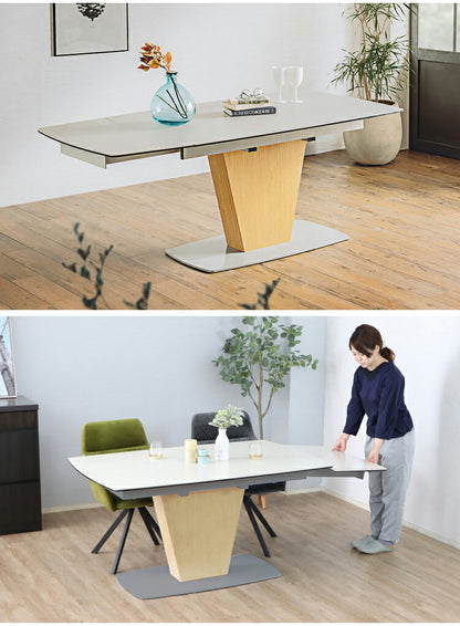 シウバ ダイニングテーブル 伸長式 幅140(180)cm セラミックテーブル 1本脚 スチール脚 ガラス天板 木目調 おしゃれ リビング ダイニング テーブル 食卓(代引不可)