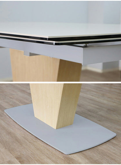 シウバ ダイニングテーブル 伸長式 幅140(180)cm セラミックテーブル 1本脚 スチール脚 ガラス天板 木目調 おしゃれ リビング ダイニング テーブル 食卓(代引不可)