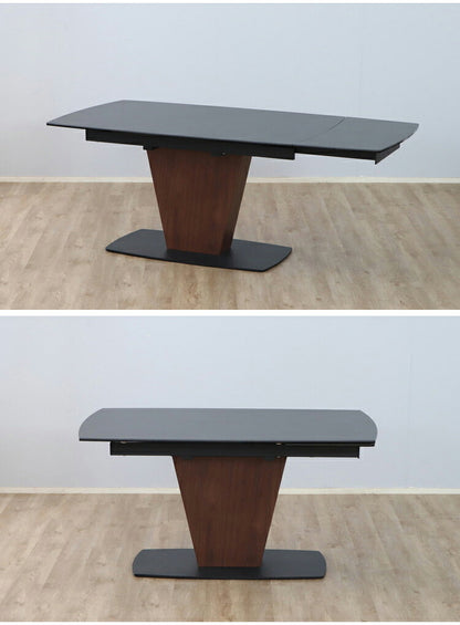 シウバ ダイニングテーブル 伸長式 幅140(180)cm セラミックテーブル 1本脚 スチール脚 ガラス天板 木目調 おしゃれ リビング ダイニング テーブル 食卓(代引不可)