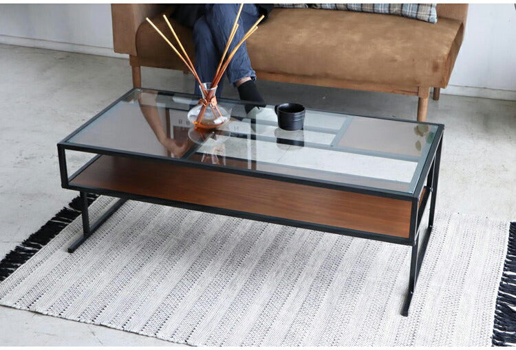 センターテーブル 105×50cm ガラステーブル 棚付き リバーシブル 脚部 ローテーブル 棚板 収納 リビング ワンルーム おしゃれ スタイリッシュ モダン デザイナーズマンション オブジェ テーブル(代引不可)