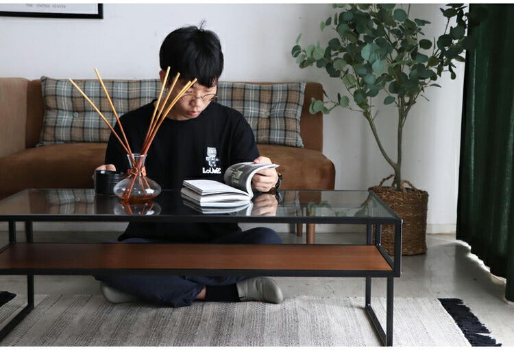 センターテーブル 105×50cm ガラステーブル 棚付き リバーシブル 脚部 ローテーブル 棚板 収納 リビング ワンルーム おしゃれ スタイリッシュ モダン デザイナーズマンション オブジェ テーブル(代引不可)