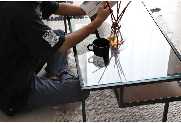 センターテーブル 105×50cm ガラステーブル 棚付き リバーシブル 脚部 ローテーブル 棚板 収納 リビング ワンルーム おしゃれ スタイリッシュ モダン デザイナーズマンション オブジェ テーブル(代引不可)