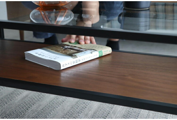 センターテーブル 105×50cm ガラステーブル 棚付き リバーシブル 脚部 ローテーブル 棚板 収納 リビング ワンルーム おしゃれ スタイリッシュ モダン デザイナーズマンション オブジェ テーブル(代引不可)