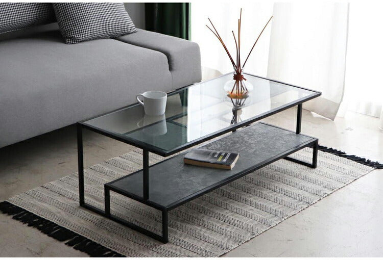 センターテーブル 105×50cm ガラステーブル 棚付き リバーシブル 脚部 ローテーブル 棚板 収納 リビング ワンルーム おしゃれ スタイリッシュ モダン デザイナーズマンション オブジェ テーブル(代引不可)