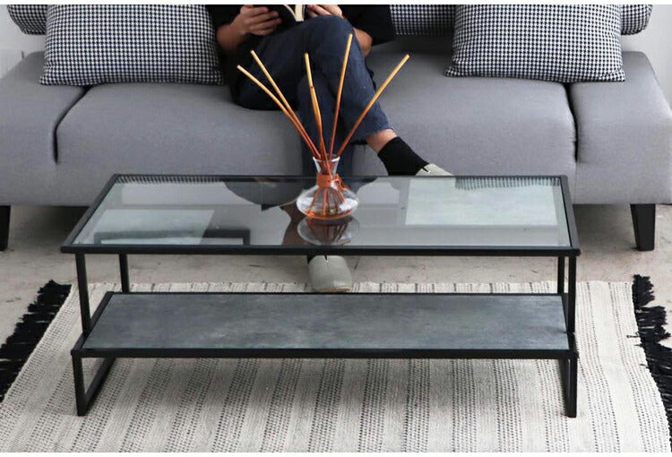 センターテーブル 105×50cm ガラステーブル 棚付き リバーシブル 脚部 ローテーブル 棚板 収納 リビング ワンルーム おしゃれ スタイリッシュ モダン デザイナーズマンション オブジェ テーブル(代引不可)