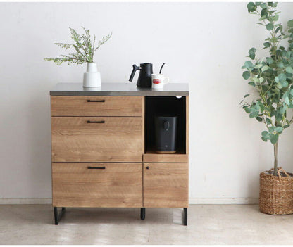 キッチンカウンター 国産 完成品 幅約90cm 食器棚 オープン収納 スライド棚 引き出し付き 扉付き コード穴 スチール脚 木目調 北欧風 家電収納 キッチン収納 日本製 リビング キッチン(代引不可)