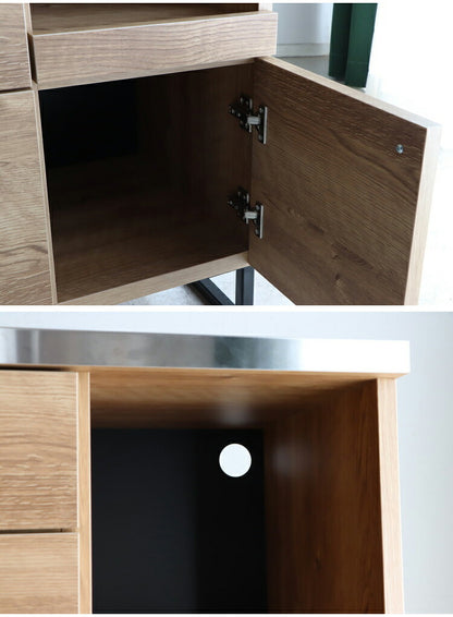 キッチンカウンター 国産 完成品 幅約90cm 食器棚 オープン収納 スライド棚 引き出し付き 扉付き コード穴 スチール脚 木目調 北欧風 家電収納 キッチン収納 日本製 リビング キッチン(代引不可)