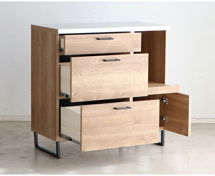 キッチンカウンター 国産 完成品 幅約90cm 食器棚 オープン収納 スライド棚 引き出し付き 扉付き コード穴 スチール脚 木目調 北欧風 家電収納 キッチン収納 日本製 リビング キッチン(代引不可)