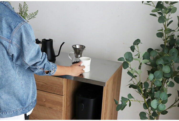 キッチンカウンター 国産 完成品 幅約90cm 食器棚 オープン収納 スライド棚 引き出し付き 扉付き コード穴 スチール脚 木目調 北欧風 家電収納 キッチン収納 日本製 リビング キッチン(代引不可)