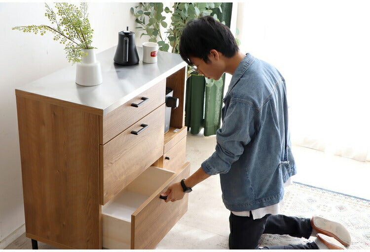 キッチンカウンター 国産 完成品 幅約90cm 食器棚 オープン収納 スライド棚 引き出し付き 扉付き コード穴 スチール脚 木目調 北欧風 家電収納 キッチン収納 日本製 リビング キッチン(代引不可)