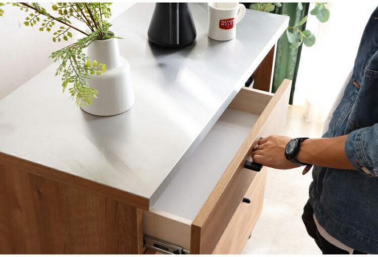 キッチンカウンター 国産 完成品 幅約90cm 食器棚 オープン収納 スライド棚 引き出し付き 扉付き コード穴 スチール脚 木目調 北欧風 家電収納 キッチン収納 日本製 リビング キッチン(代引不可)