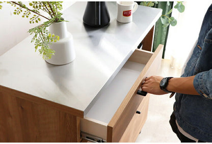 キッチンカウンター 国産 完成品 幅約90cm 食器棚 オープン収納 スライド棚 引き出し付き 扉付き コード穴 スチール脚 木目調 北欧風 家電収納 キッチン収納 日本製 リビング キッチン(代引不可)