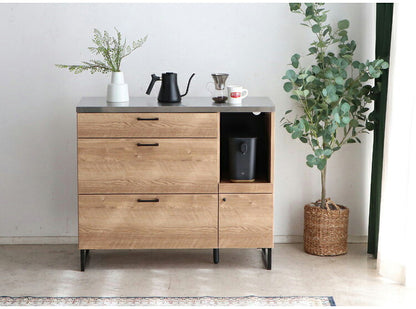 キッチンカウンター 国産 完成品 幅約105cm 食器棚 オープン収納 スライド棚 引き出し付き 扉付き コード穴 スチール脚 木目調 北欧風 家電収納 キッチン収納 日本製 リビング キッチン(代引不可)