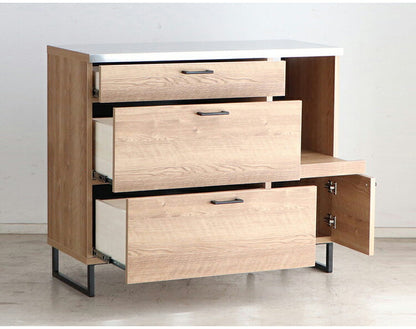 キッチンカウンター 国産 完成品 幅約105cm 食器棚 オープン収納 スライド棚 引き出し付き 扉付き コード穴 スチール脚 木目調 北欧風 家電収納 キッチン収納 日本製 リビング キッチン(代引不可)