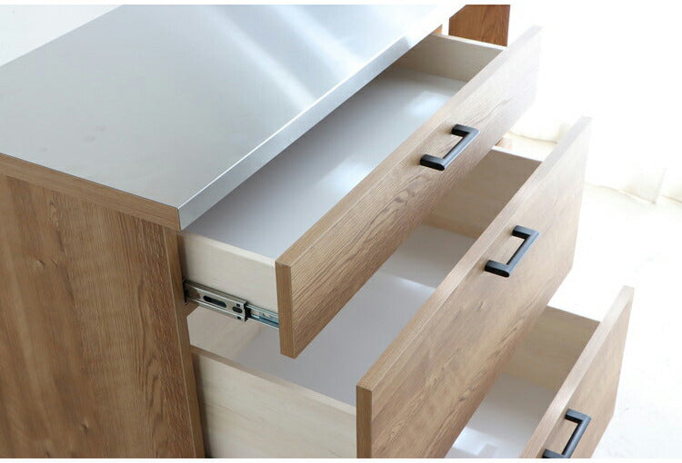 キッチンカウンター 国産 完成品 幅約105cm 食器棚 オープン収納 スライド棚 引き出し付き 扉付き コード穴 スチール脚 木目調 北欧風 家電収納 キッチン収納 日本製 リビング キッチン(代引不可)