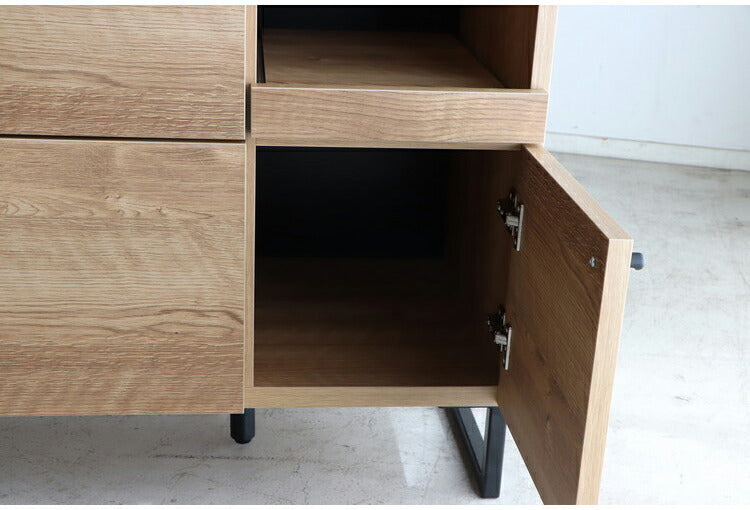 キッチンカウンター 国産 完成品 幅約105cm 食器棚 オープン収納 スライド棚 引き出し付き 扉付き コード穴 スチール脚 木目調 北欧風 家電収納 キッチン収納 日本製 リビング キッチン(代引不可)