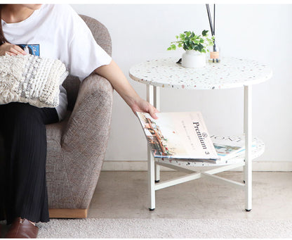 サイドテーブル 幅60cm 円形テーブル 棚付き テラゾー柄 丸テーブル ソファサイド ベッドサイド テーブル おしゃれ 韓国インテリア 韓国 北欧 一人暮らし 新生活 大人(代引不可)