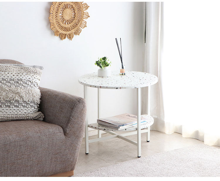 サイドテーブル 幅60cm 円形テーブル 棚付き テラゾー柄 丸テーブル ソファサイド ベッドサイド テーブル おしゃれ 韓国インテリア 韓国 北欧 一人暮らし 新生活 大人(代引不可)