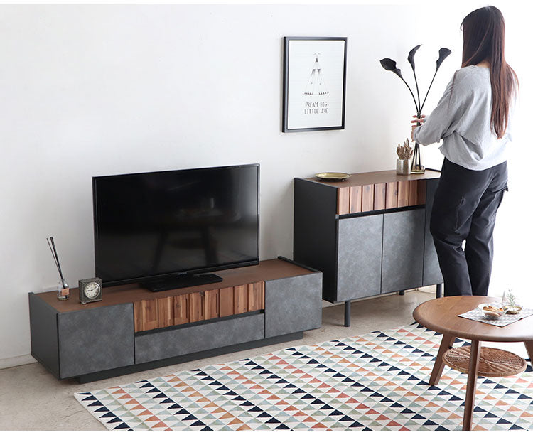 テレビボード 幅140cm 日本製 完成品 コンクリート調 引き出し収納 コード穴 ソリッド テレビ台 モダン おしゃれ 木製 アカシア材 リビング TVボード 扉収納 大容量(代引不可)