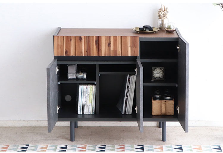 キャビネット 幅90cm 日本製 完成品 サイドボード チェスト リビングボード 脚付き コンクリート調 引き出し収納 コード穴 モダン おしゃれ 木製 アカシア材 リビング(代引不可)