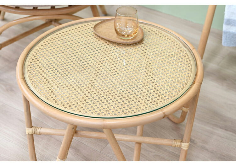 ラタンテーブル 円形 直径50cm 木製 ガラス おしゃれ センターテーブル ローテーブル 韓国 インテリア 北欧 シンプル リビング ダイニング ラウンドテーブル 丸型 ナチュラル(代引不可)
