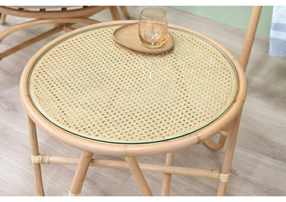 ラタンテーブル 円形 直径50cm 木製 ガラス おしゃれ センターテーブル ローテーブル 韓国 インテリア 北欧 シンプル リビング ダイニング ラウンドテーブル 丸型 ナチュラル(代引不可)