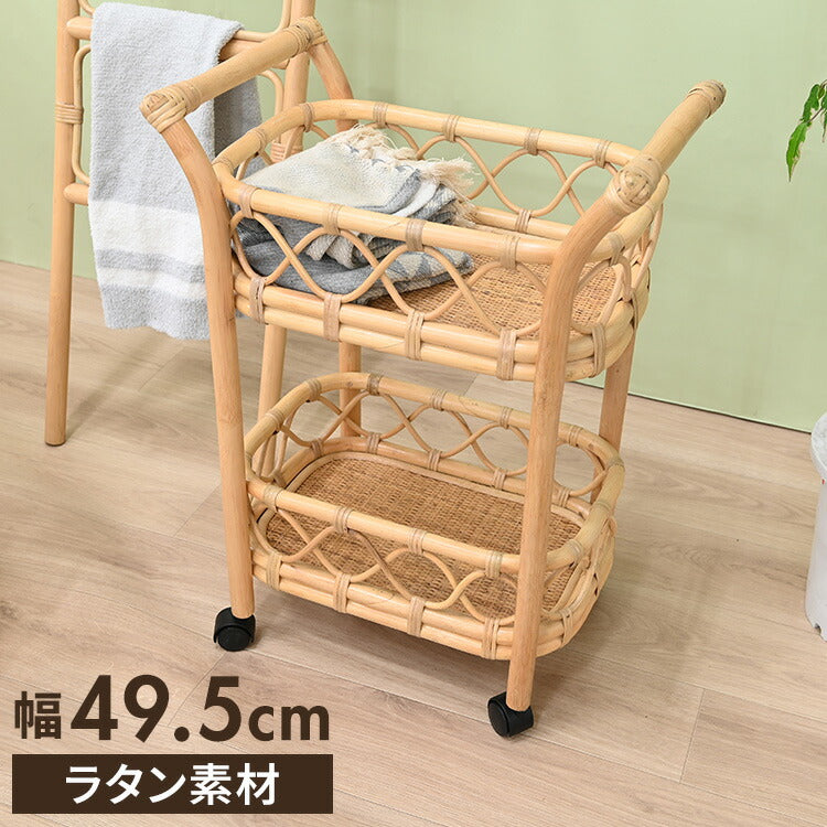 ワゴン 2段 ラタン 木製 おしゃれ キャスター付き 韓国 インテリア シンプル かわいい 北欧 収納 家具 リビング ダイニング 洗面所 ランドリー コンパクト バスケット かご(代引不可)