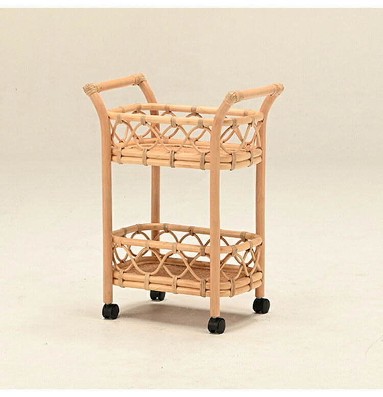 ワゴン 2段 ラタン 木製 おしゃれ キャスター付き 韓国 インテリア シンプル かわいい 北欧 収納 家具 リビング ダイニング 洗面所 ランドリー コンパクト バスケット かご(代引不可)