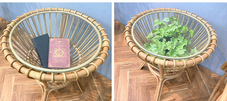 ラタン センターテーブル 円型 幅52.5cm ガラス天板 ナチュラル リビングテーブル センターテーブル コーヒーテーブル 飾りテーブル ソファテーブル おしゃれ リビング(代引不可)